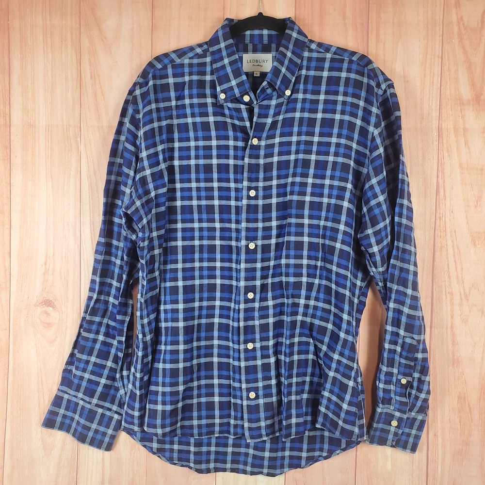 Ledbury Mens Fine Shirt Sz XL Blue Plaid Long Sleeve Collared Button Down